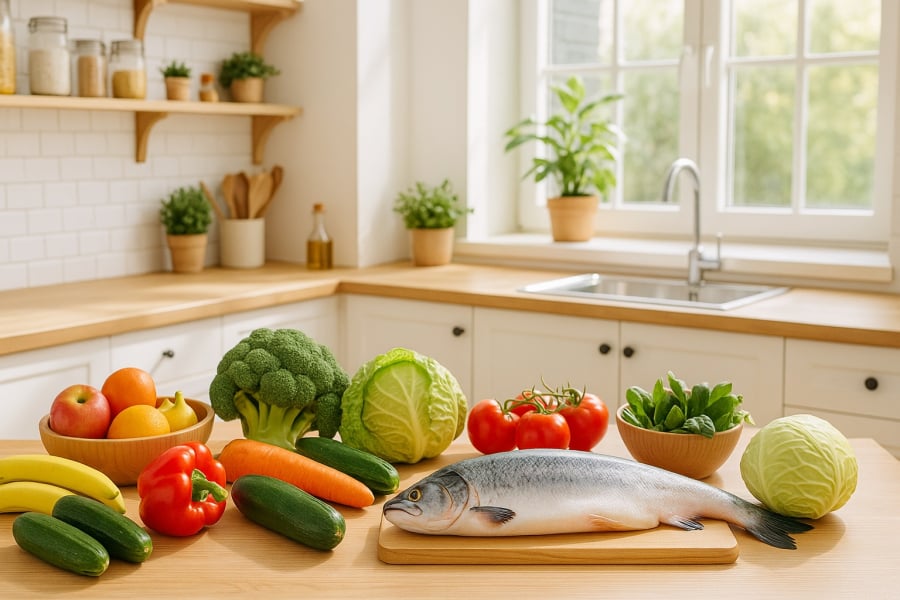 Một góc bếp ngăn nắp với thực phẩm tươi sống – nơi bắt đầu hành trình sống khỏe tuổi 55.