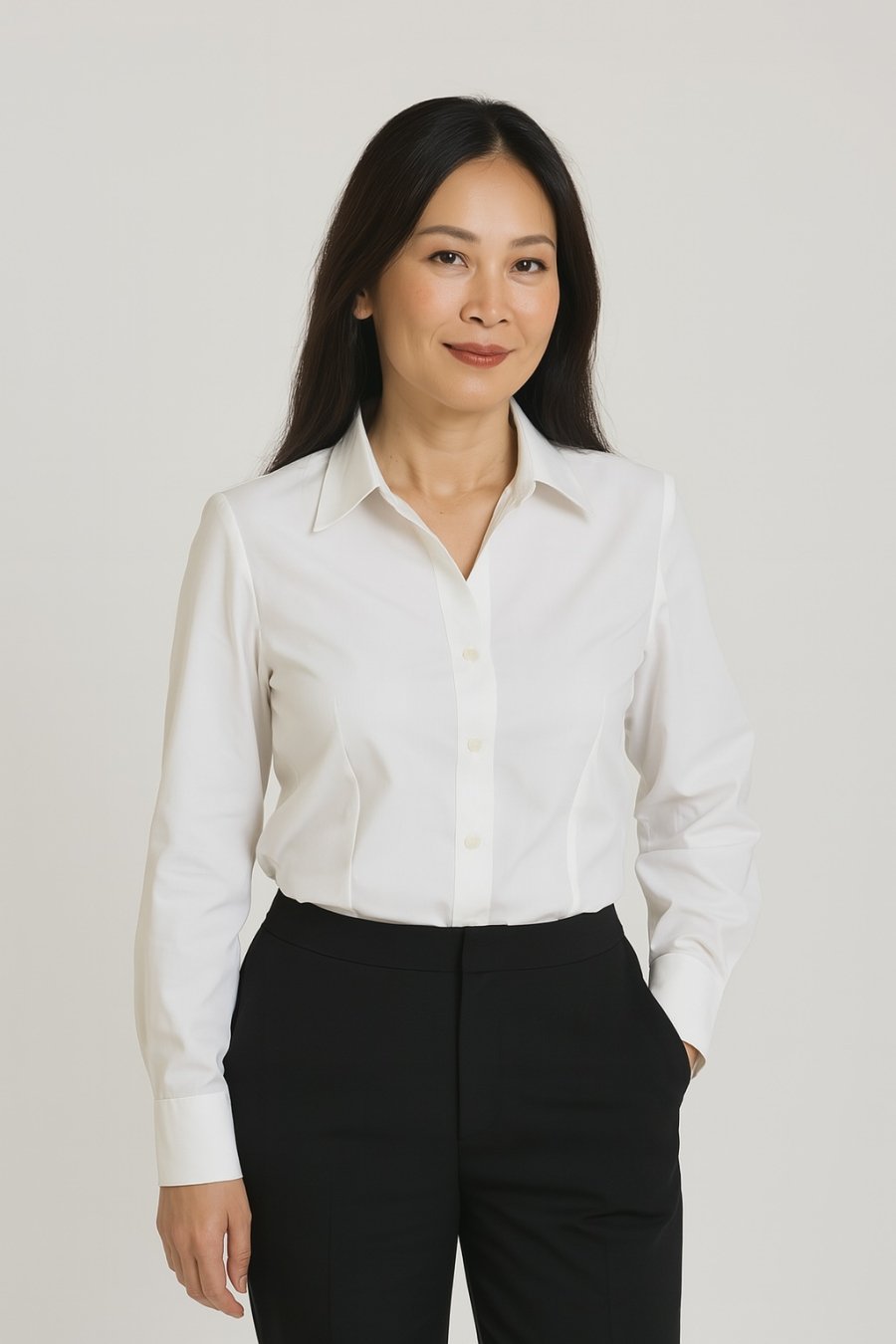 Thanh lịch và chuyên nghiệp với combo sơ mi trắng và quần âu đen – công thức kinh điển cho mọi quý cô tuổi 40