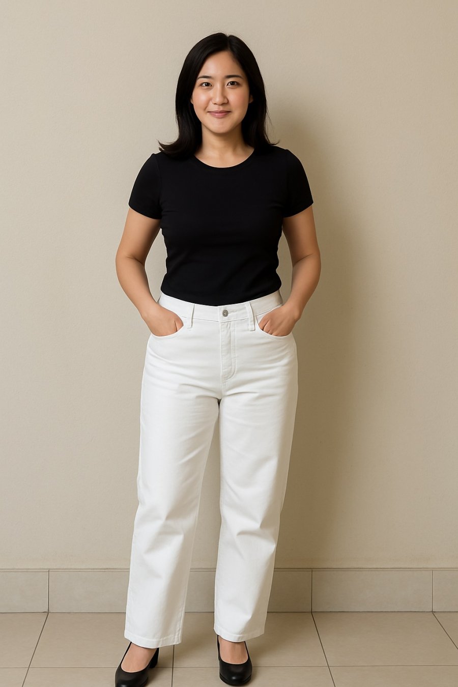 Năng động mà vẫn tinh tế – áo thun đen và quần jeans trắng là lựa chọn hoàn hảo cho ngày thường bận rộn.