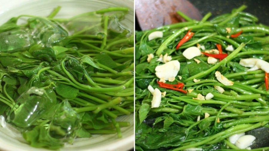 Bí quyết để món rau lang xào tỏi giữ được màu xanh đẹp mắt là phải luộc qua rau rồi ngâm nước đá trước, sau đó mới cho rau vào xào.