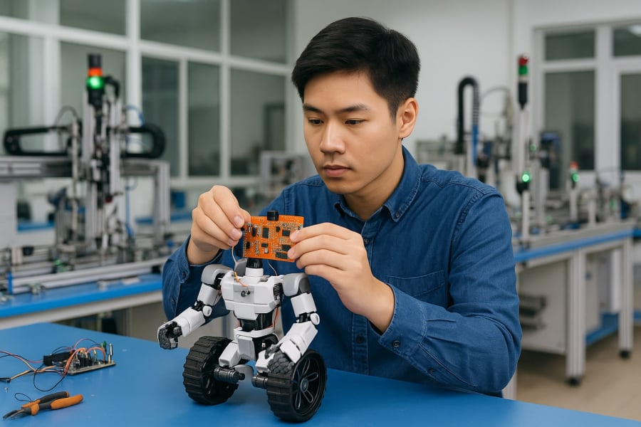 Sinh viên thực hành chế tạo robot – một phần quan trọng trong đào tạo Cơ điện tử.