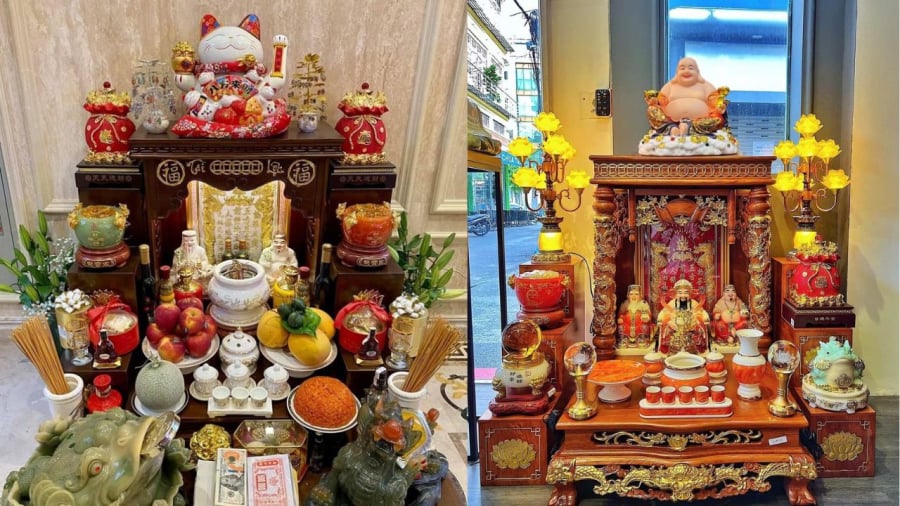 Ban thờ Thần Tài thường đặt ở mặt đất ngay cửa ra vào