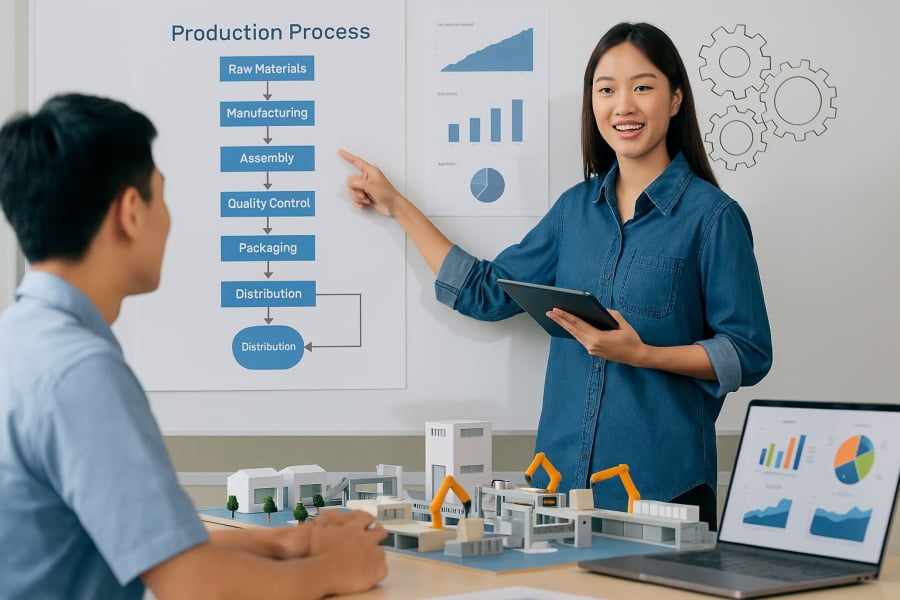 Sinh viên thực hành mô phỏng chuỗi sản xuất – kỹ năng thiết yếu của ngành Kỹ thuật Hệ thống công nghiệp.