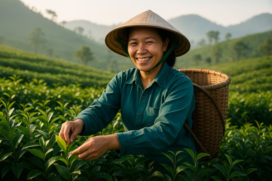 Nông dân Việt Nam thu hái chè truyền thống – bước đầu trong hành trình đưa chè Việt ra thế giới. (Ảnh minh hoạ AI)