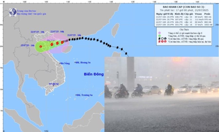 Bão số 3 Wipha sẽ gây mưa to hơn từ chiều tối 21/7. Trên đây là hình ảnh vị trí và đường đi của bão Wipha cập nhật vào 17 giờ ngày 21/7. (Ảnh: Trung tâm Dự báo Khí tượng Thủy văn Quốc gia)