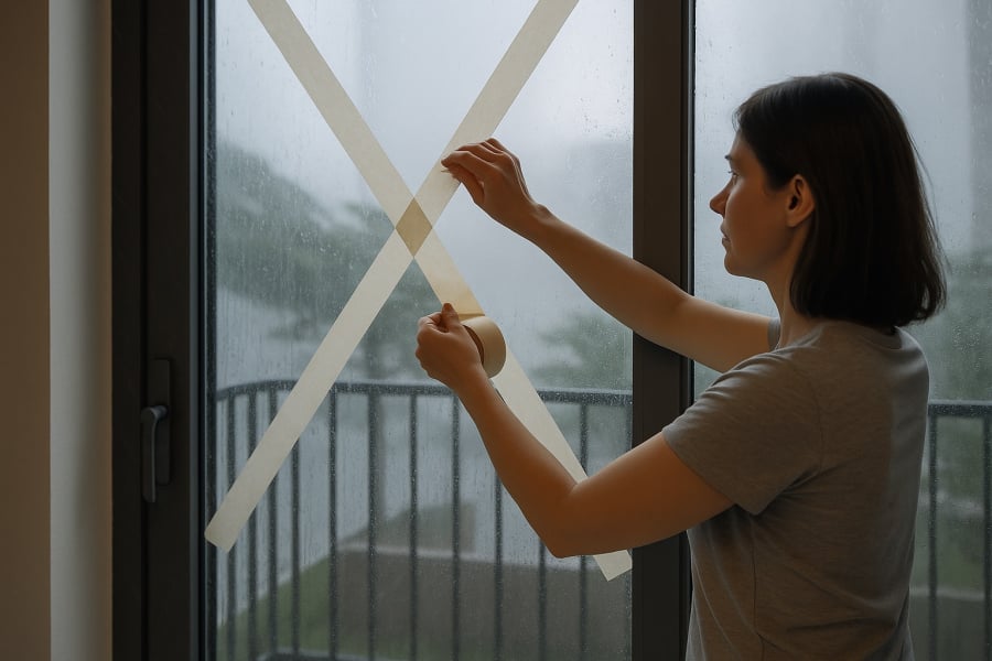 Dán kín cửa kính và đóng chặt ban công là bước bảo vệ an toàn quan trọng trong mùa mưa bão.