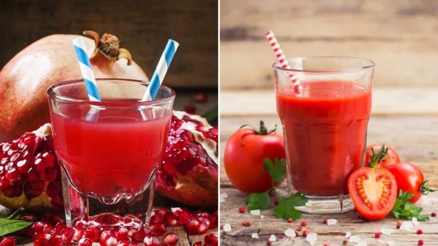 Nước ép lựu, nước ép cà chua là những loại đồ uống tự nhiên tốt cho làn da, giúp da