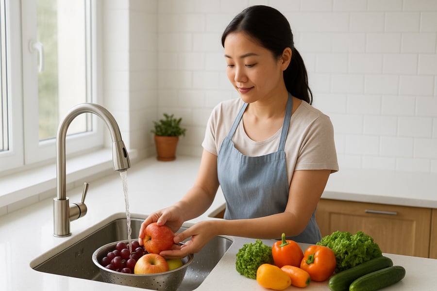 Rửa trái cây dưới vòi nước là cách đơn giản và hiệu quả để loại bỏ thuốc trừ sâu.
