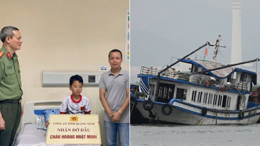 Công an Quảng Ninh nhận đỡ đầu cháu bé sống sót trong vụ lật tàu Vịnh Xanh 58 trên vịnh Hạ Long ngày 19/7 vừa qua.