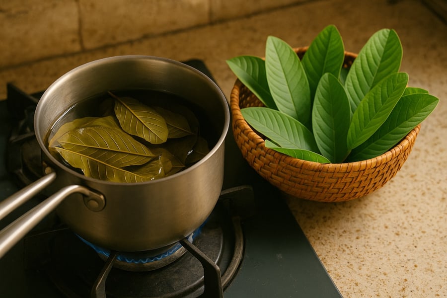 Lá ổi bánh tẻ được đun đúng cách là bí quyết giúp phát huy công dụng giảm mỡ bụng hiệu quả.