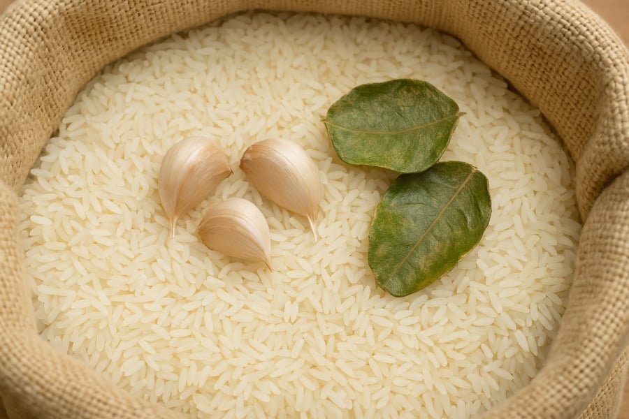 Mẹo dùng tỏi và lá bưởi khô để bảo quản gạo không bị mọt – đơn giản, hiệu quả mà không tốn chi phí.