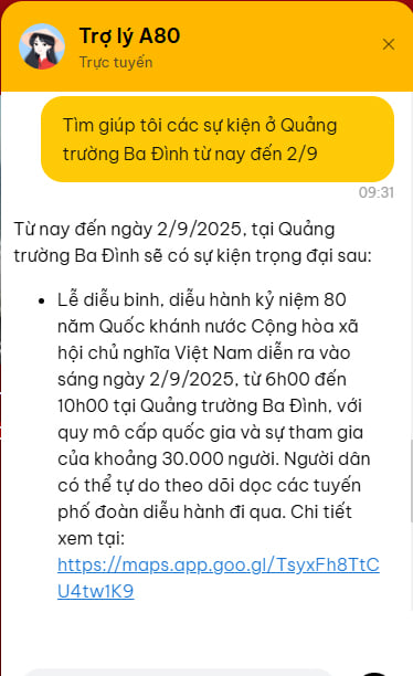 Giao diện hiển thị tính năng Trợ lý A80.
