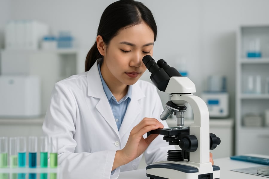 Nghiên cứu sinh ngành công nghệ sinh học kiểm tra mẫu thử phục vụ dự án nông nghiệp sạch.