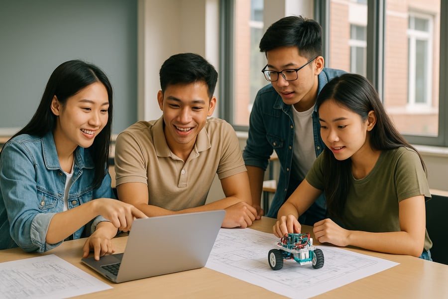 Sinh viên ngành kỹ thuật hệ thống công nghiệp thảo luận dự án tự động hóa tại phòng lab.