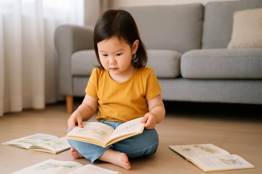 Một số bé có thể phát triển khả năng ngôn ngữ sớm khi được tiếp xúc với môi trường giàu ngôn từ, như đọc sách cùng bố mẹ mỗi ngày.