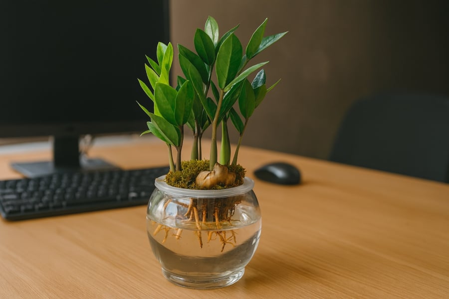 Chậu kim tiền thủy sinh nhỏ xinh giúp góc làm việc thêm phần tươi mới. Với người mệnh Thủy, đây không chỉ là món decor mà còn là “nam châm” hút tài lộc nhẹ nhàng mỗi ngày.