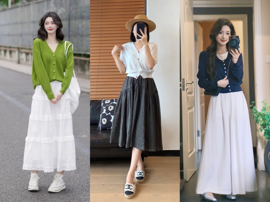 Công thức “áo len trơn + chân váy họa tiết” luôn giúp tổng thể trở nên hài hòa 