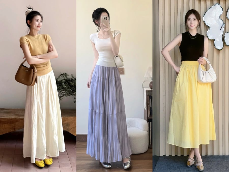Công thức “trên ôm dưới xòe” tạo hiệu ứng mềm mại, nữ tính mà vẫn giữ tỷ lệ cơ thể cân đối. 