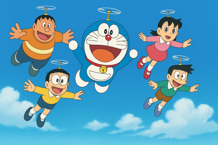Khoảnh khắc “quốc dân” của Doraemon – cả nhóm cùng đội chong chóng tre bay trên bầu trời tuổi thơ.