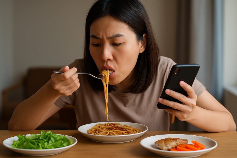 Thói quen ăn nhanh, vừa ăn vừa lướt điện thoại khiến dạ dày chịu nhiều áp lực.