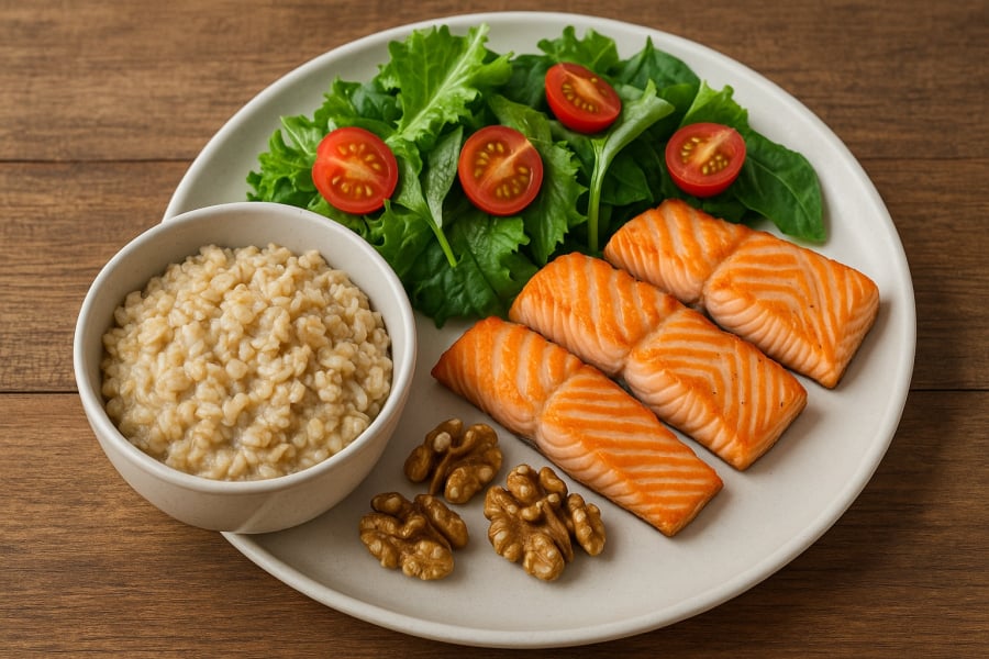 Bữa ăn giàu chất xơ, omega-3 và chất béo tốt giúp kiểm soát mỡ máu hiệu quả.