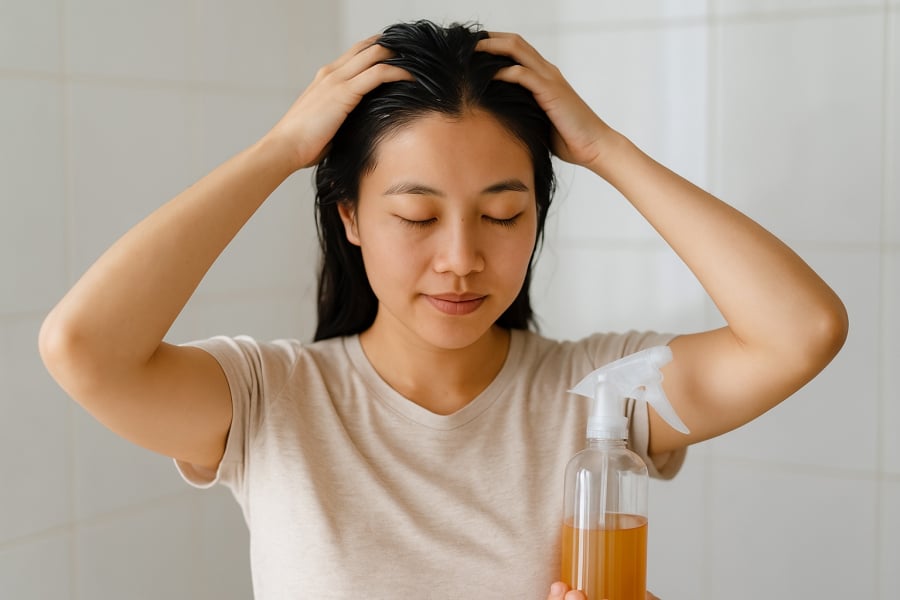 Làm sạch da đầu bằng giấm táo pha loãng giúp hạn chế gàu hiệu quả, chỉ sau vài lần áp dụng.