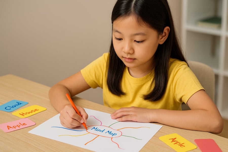 Học ngắn kết hợp sơ đồ tư duy và flash card giúp trẻ tiếp thu kiến thức nhanh chóng.