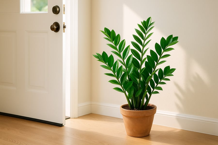 Cây kim tiền đặt gần cửa giúp hút tài lộc và tạo điểm nhấn phong thủy cho không gian sống.
