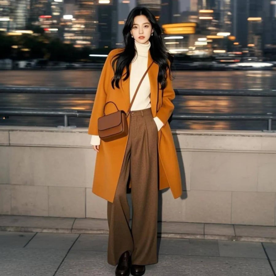 Cam vốn là màu của sức sống, khi hòa cùng sự trầm tĩnh của nâu quả thông tạo nên outfit vừa ấm áp vừa tươi mới. 
