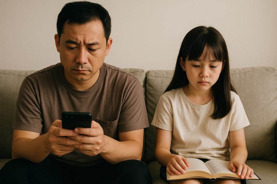 Cha mải mê với điện thoại, con dễ cảm thấy thiếu sự quan tâm và dần mất động lực học tập.