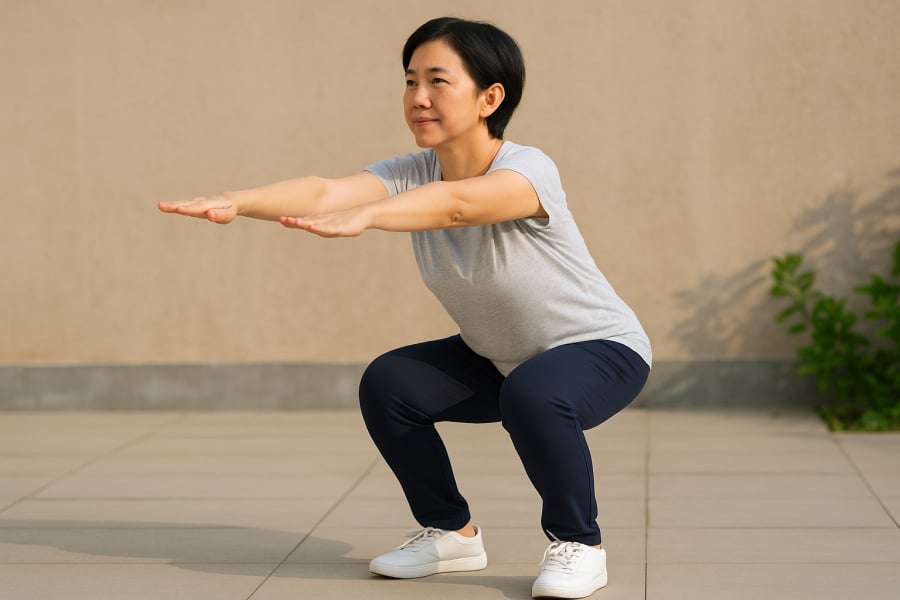 Những bài tập đơn giản như squat mang lại lợi ích lớn cho xương khớp và sự dẻo dai khi có tuổi.