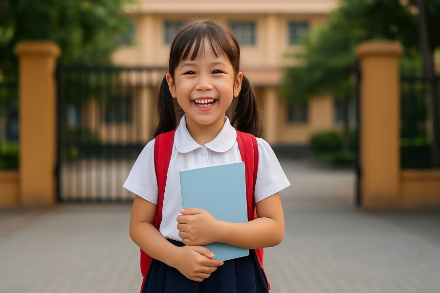Niềm vui của bé trong ngày đầu tiên đi học lớp 1 khi được cha mẹ chuẩn bị chu đáo.