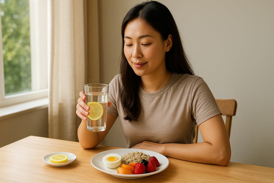 Bắt đầu ngày mới với nước ấm và bữa sáng cân bằng giúp kích hoạt quá trình đốt mỡ hiệu quả.