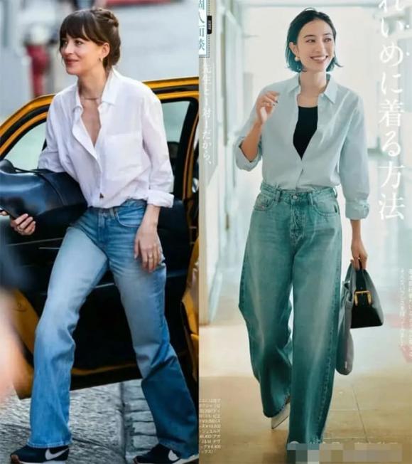 Một chiếc sơ mi trơn, dáng rộng, phối cùng quần jeans ống rộng là công thức không bao giờ lỗi mốt.