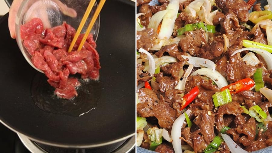 Khi xào thịt bò, bạn cần để lửa lớn và đảo nhanh tay.