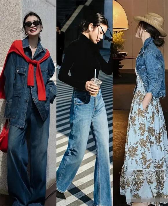 Một chiếc sơ mi denim đi cùng quần jeans ống rộng cùng màu đủ để toát lên sự năng động, sành điệu