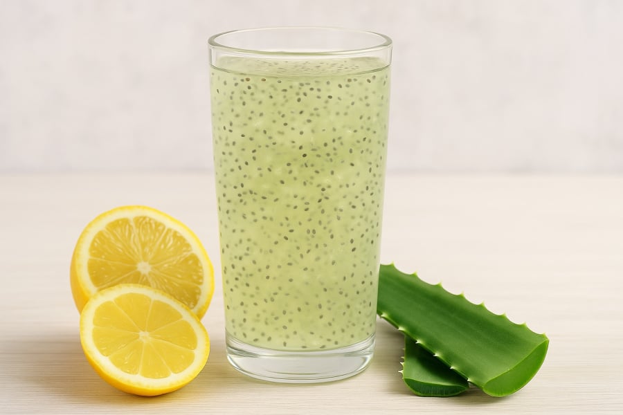 Ly nước nha đam hạt chia giúp thanh lọc cơ thể, cấp nước và làm đẹp da.