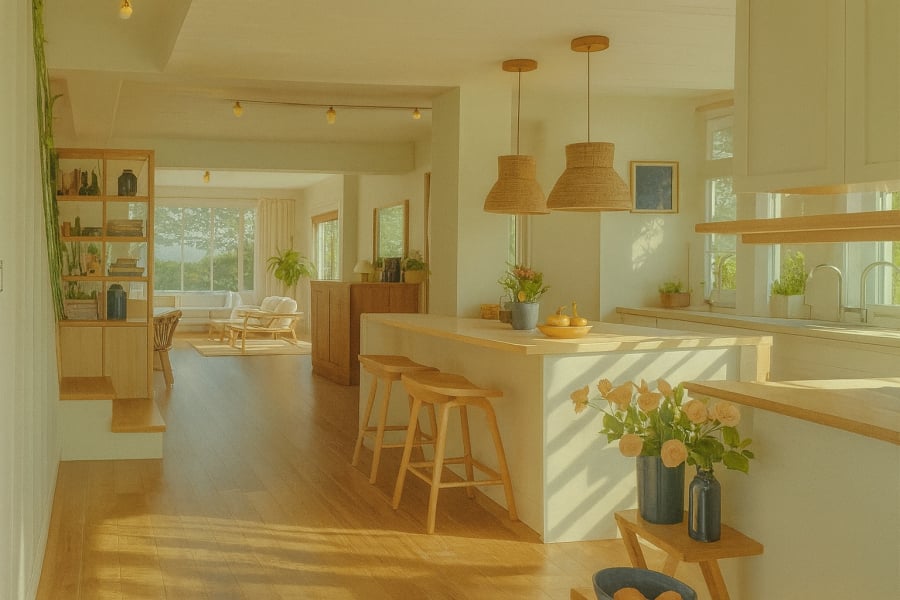 Gian bếp sạch sẽ, nhiều ánh sáng tượng trưng cho sự sung túc, đủ đầy.