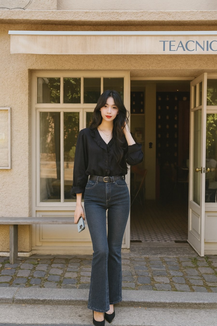 Thanh lịch với áo blouse và quần denim đen