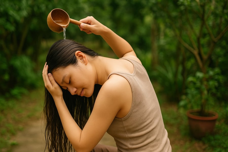 Gội đầu bằng lá sả chanh – bí quyết dân gian mang lại mái tóc sạch nhờn, thơm mát tự nhiên.