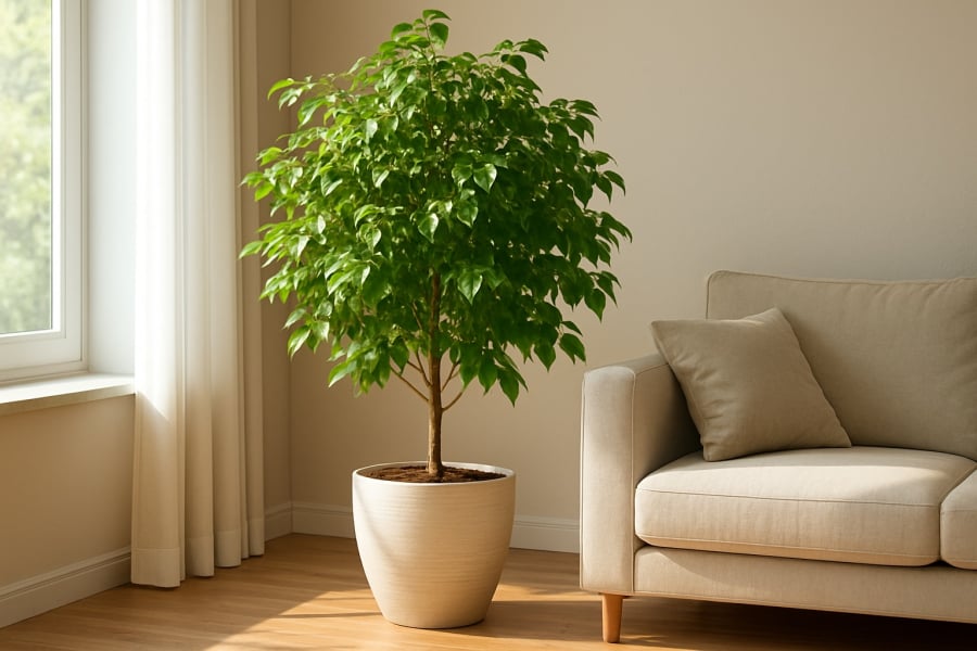 Cây hạnh phúc đặt trong phòng khách không chỉ làm đẹp không gian mà còn mang lại năng lượng bình an, viên mãn.