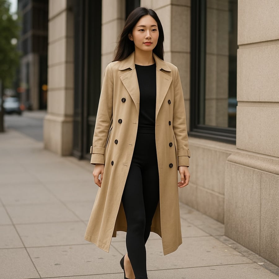 Quần legging phối cùng trench coat dài giúp tôn dáng và giữ vẻ sang trọng.