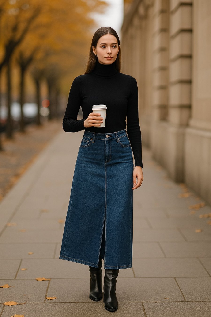 Chân váy denim dài giúp giữ ấm mà vẫn mang đến phong cách thời thượng.
