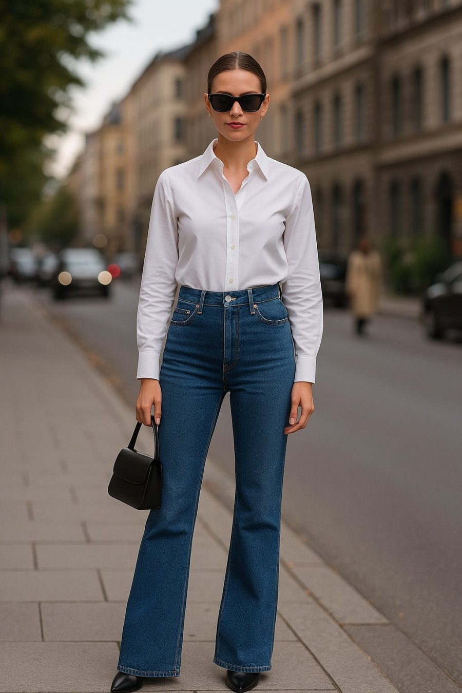 Quần jeans cạp cao giúp định hình vòng eo và kéo dài chân đáng kể.