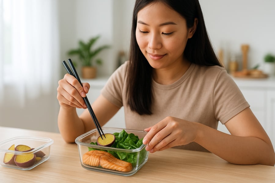 Kết hợp khoai lang Nhật với thực phẩm giàu đạm và rau xanh giúp cân bằng dinh dưỡng mỗi bữa ăn.