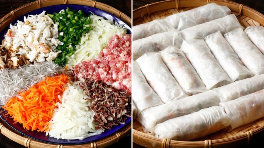 Trước khi gói nem bạn mới trộn các nguyên liệu của phần nhân với nhau để hạn chế tình trạng nhân bị chảy nước.