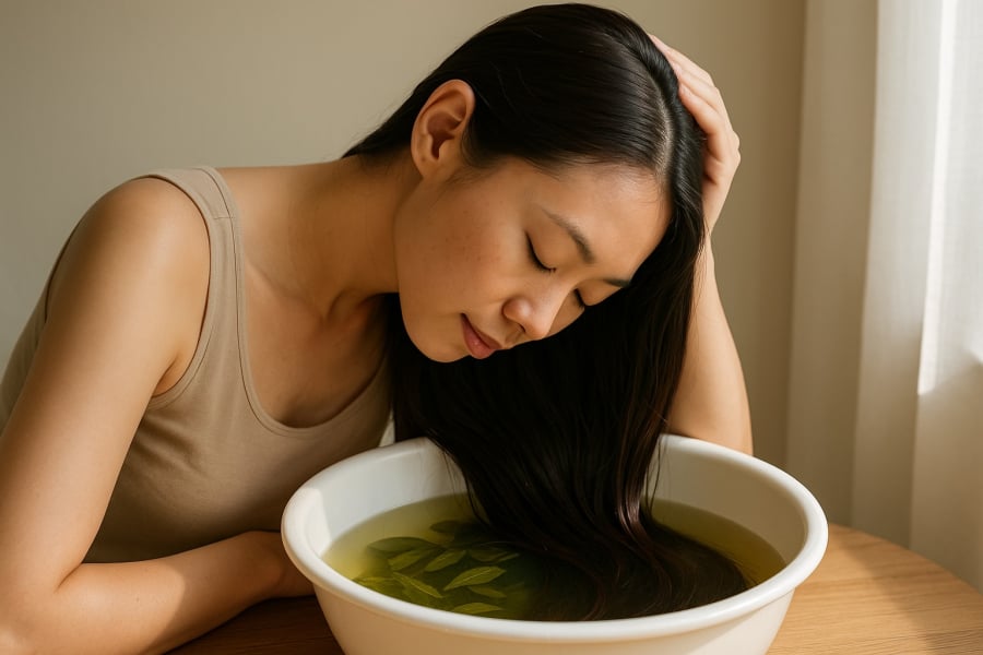 Ngâm tóc bằng nước trà xanh mang lại cảm giác thư giãn và giúp tóc mềm mượt, óng ả chỉ sau vài lần áp dụng.