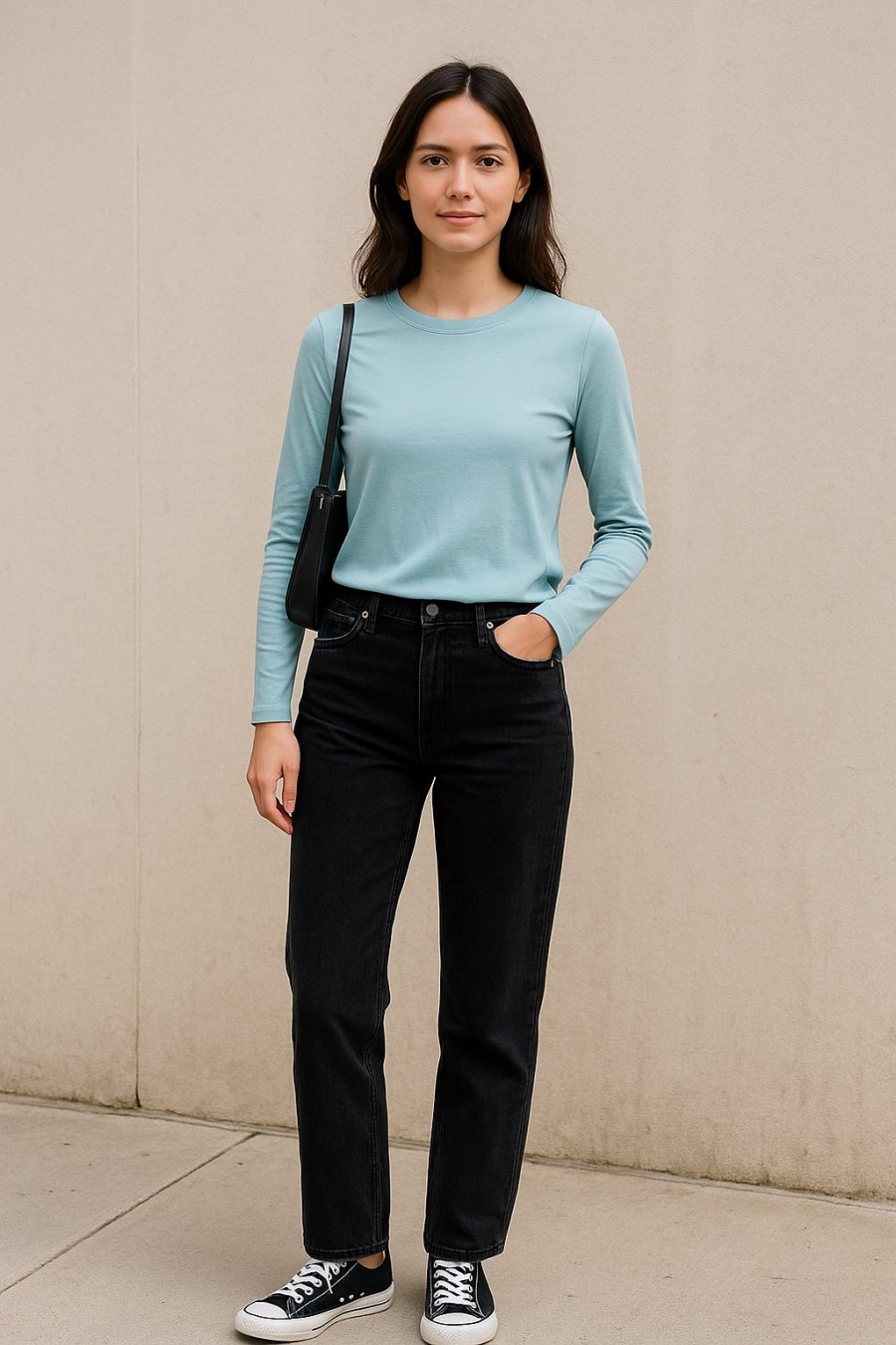 Cô gái diện áo thun xanh nhạt phối cùng quần denim đen, phong cách tối giản nhưng thanh lịch.