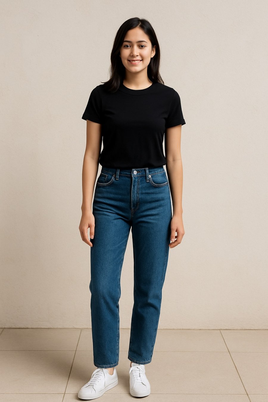 Công thức bất bại: áo thun đen + jeans xanh.
