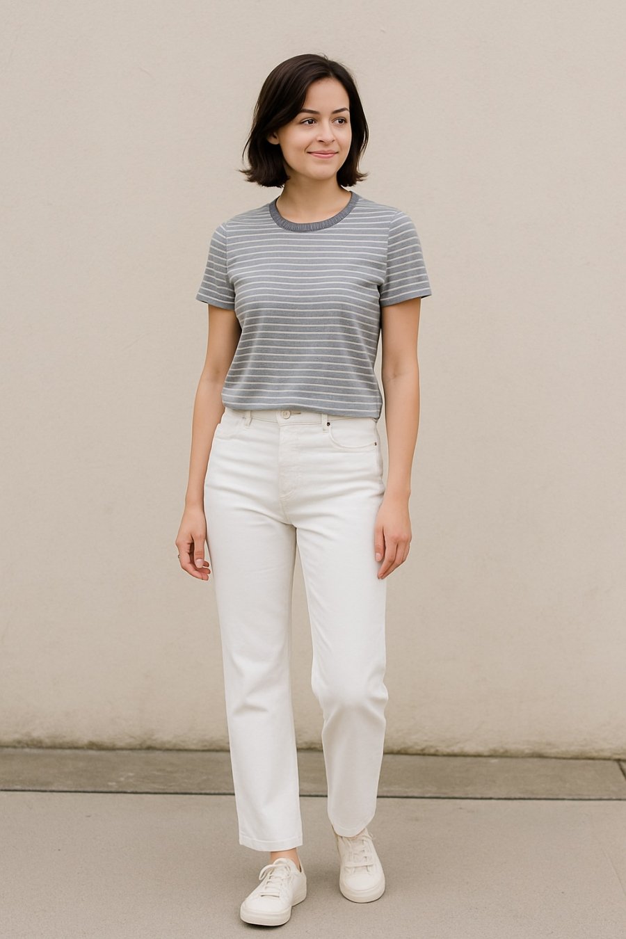 Thanh lịch và nữ tính với áo kẻ xám + jeans trắng.